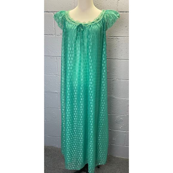 Vintage 1950s Green Nylon Chiffon Nightgown Floral Embroidered Semi Sheer Large - Picture 9 of 11